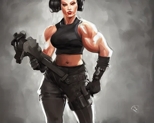 Image similar to portrait of a female bodybuilder dressed in a bodyguard costume in team fortress 2 style, epic, tragic, dark fantasy art, fantasy, pretty, hd shot, digital portrait, beautiful, artstation, comic style, by artgerm, guy denning, jakub rozalski, magali villeneuve and charlie bowater