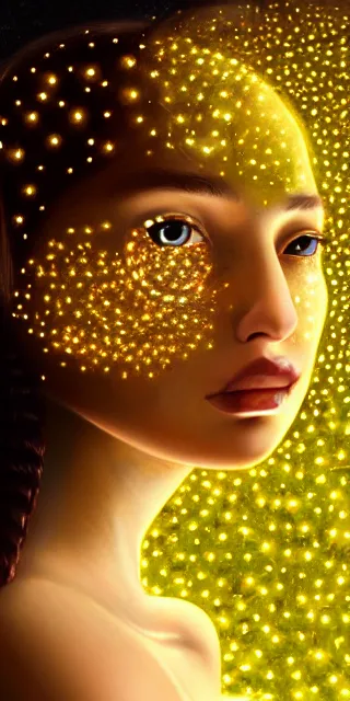 Image similar to young woman surrounded by golden firefly lights in a mesmerizing scene, amidst nature fully covered by a intricate detailed dress, long loose red hair, precise linework, accurate green eyes, small nose with freckles, smooth oval shape face, empathic, bright smile, expressive emotions, hyper realistic ultrafine art by artemisia gentileschi, jessica rossier, boris vallejo