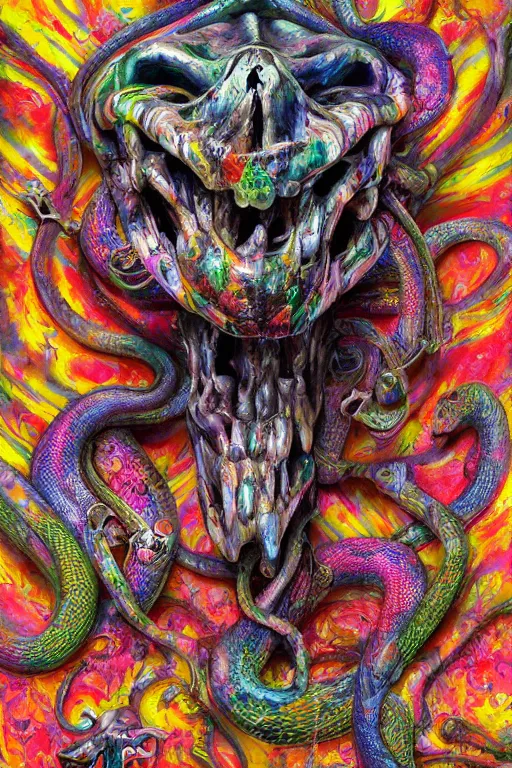 Prompt: 35 mm lens photo of scull lsd colors with snake tongue, direct sunlight, glowing, vivid, detailed painting, Houdini algorhitmic pattern, by Ross Tran, WLOP, artgerm and James Jean, masterpiece, award winning painting
