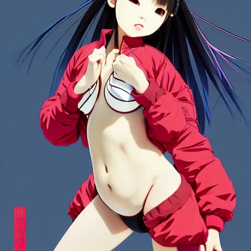 Image similar to a beautiful japanese lalisa alluring gravure model, wearing oversized designer bomber jacket and leotard, bulky poofy bomber jacket with mesoamerican patterns, mesoamerican native street fashion, gapmoe yandere grimdark, trending on pixiv fanbox, painted by greg rutkowski makoto shinkai takashi takeuchi studio ghibli, akihiko yoshida