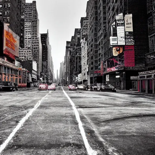 Image similar to color photograph, highly detailed abandoned New York city street at night after the war between humans and AIs, film grain, soft vignette, sigma 85mm f/1.4 1/10 sec shutter, film still promotional image, IMAX 70mm footage