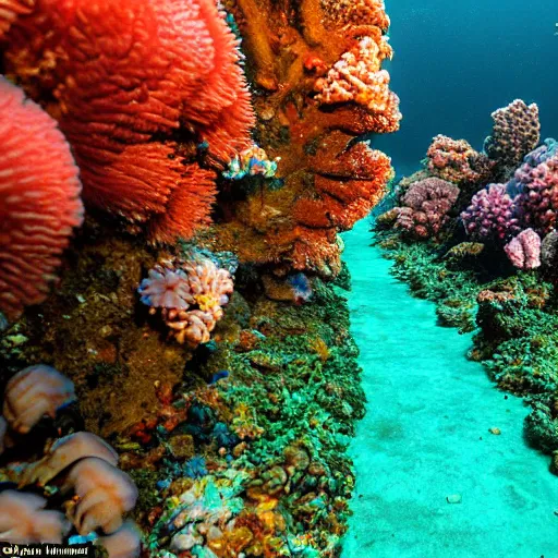 Image similar to An (abandoned) underwater road surrounded by colourful corals, fish and other sea life