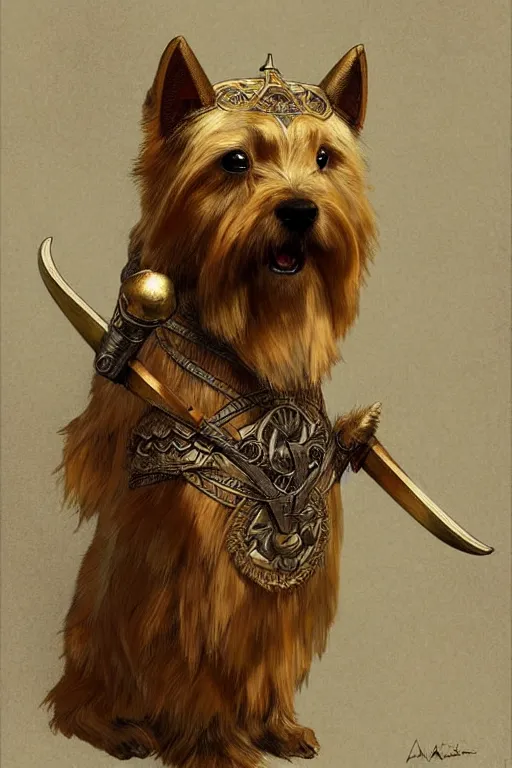 Image similar to norwich terrier as an Viking vwarrior, fantasy, long hair, intricate, elegant, highly detailed, digital painting, artstation, concept art, smooth, sharp focus, illustration, art by alphonse mucha