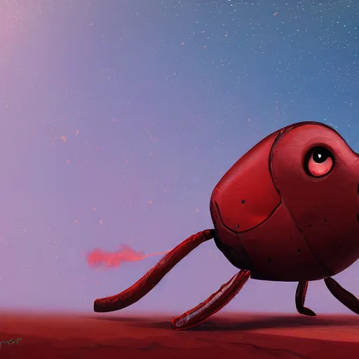 Image similar to An giant red ant piloting a ancient rusty spaceship, digital painting