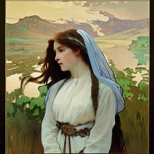 Image similar to a beautiful painting of a young girl in the scottish highlands, underexposed and overcast, by alphonse mucha, john sargent, and octane.