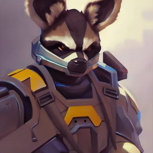 Image similar to greg manchess portrait painting of armored rocket raccoon as overwatch character, medium shot, asymmetrical, profile picture, organic painting, sunny day, matte painting, bold shapes, hard edges, street art, trending on artstation, by huang guangjian and gil elvgren and sachin teng