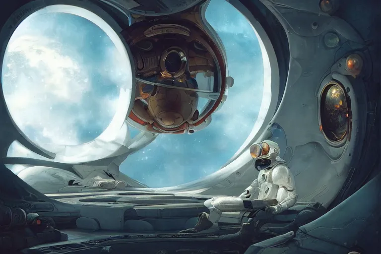 Prompt: a sigma man in futuristic space suit looking at ancient renaissance italy through a time travel spaceship window, scifi, serene, refined, by wlop, peter mohrbacher, jakub rebelka, visually stunning, beautiful, masterpiece