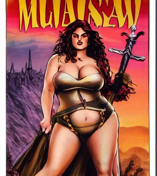 Prompt: 1 9 8 0 s fantasy novel book cover, bbw plus size amazonian elizabeth gillies in extremely tight bikini armor wielding a cartoonishly large sword, exaggerated body features, dark and smoky background, low quality print