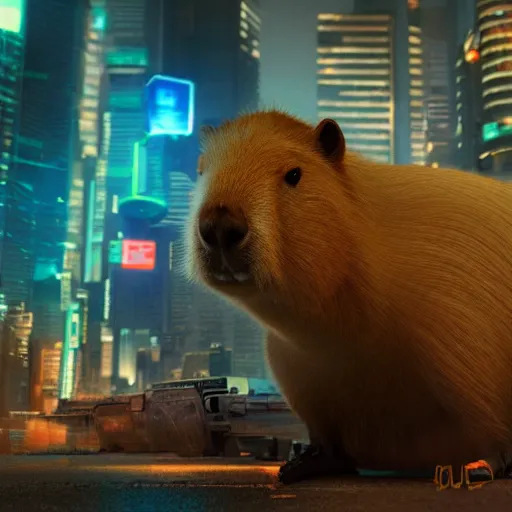 Prompt: capybara in cyberpunk costume highly detailed, 4 k, game art, cyberpunk