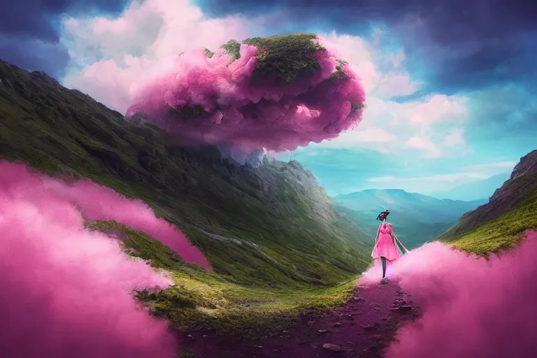 Image similar to giant dahlia flower crown as head girl walking on mountain, surreal photography, pink storm clouds, dramatic light, impressionist painting, digital painting, artstation, simon stalenhag