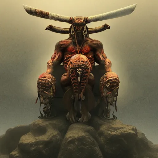 Prompt: Giant Muscular Baphomet wearing Samurai outfit painted by Zdislaw Beksiński, 8k realistic octane render, ray tracing, high photo realistic, high detailed, cinematic composition, natural volumetric lighting, artstation trending,