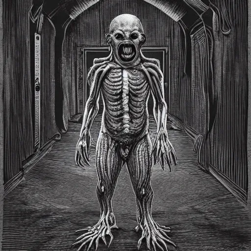 Image similar to a hyper realistic creepy filmic 30mm film movie like wide shot color ground level angle photograph of the full body of a dangerous shape shifting alien creature, with multiple mutated snarling drooling human faces with a grotesque variety of gorey human and animal limbs protruding from its lower torso inside a lab in the style of an horror film, trending on art station, in the style of John Carpenter's The Thing 1982