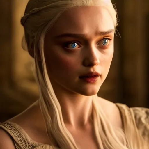 Prompt: bella heathcote as daenerys targaryen golden hour cinematic