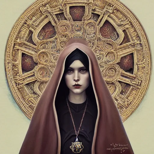 Image similar to tom bagshaw, soft painting of a curiosities carniva, beautiful nun blessing flowers in full dress, perfectly detailed, symmetrical intricate sensual features, highly detailed, artstation, sharp focus