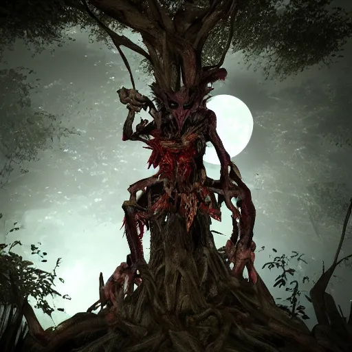 Prompt: Aswang in a tree on a dark night in a forest with a full moon, trending on artstation, unreal engine, award winning