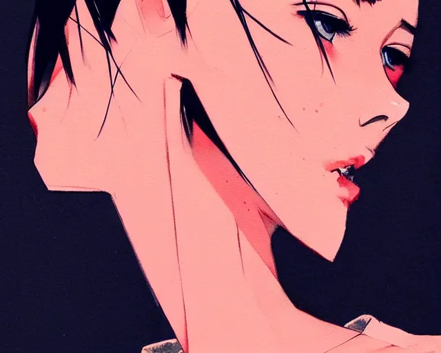 Image similar to a ultradetailed beautiful panting of a stylish woman wearing a shirt with a tie, she has black hair, by conrad roset, greg rutkowski and makoto shinkai, trending on artstation