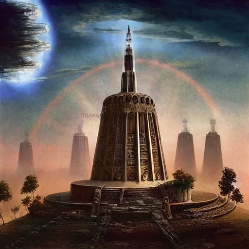 Image similar to A digital intricate masterpiece illustration concept art of a mighty brutalist spomenik structure and a greek doric ionic corinthian fountain with its top in the heaven, taiga landscape + inspired art by Bruce Pennington, Ted Naismith, Daniel Merriam + symmetry + intricate complexity, epic composition, magical atmosphere, highly detailed, cinematic lighting + wide long shot, wide angle + trending on artstation + 8k