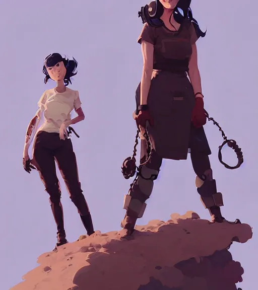 Image similar to portrait of stoic heroic blonde tomboy butch woman engineer and tall black - haired goth feminine woman standing back to back by atey ghailan, by greg rutkowski, by greg tocchini, by james gilleard, by joe fenton, by kaethe butcher, dynamic lighting, gradient light blue, brown, blonde cream and white color scheme, grunge aesthetic