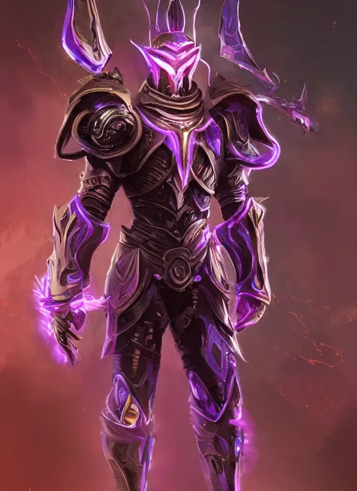 Image similar to a highly detailed illustration of futuristic cyber knight with flowing flaming plume with arm blades, rigid bulky armor, glowing purple line cracks in armor, dramatic standing pose, intricate, elegant, highly detailed, centered, digital painting, artstation, concept art, smooth, sharp focus, league of legends concept art, WLOP