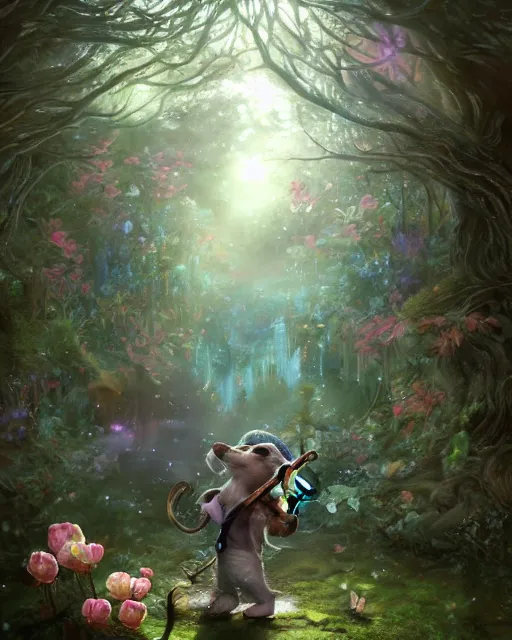 Prompt: Mouse playing Flute in magical forest, portrait, wearing hat, magical notes, fairy atmosphere, magic the gathering artwork, D&D, fantasy, cinematic lighting, centered, symmetrical, highly detailed, digital painting, artstation, concept art, smooth, sharp focus, illustration, volumetric lighting, epic Composition, 8k, art by Akihiko Yoshida and Greg Rutkowski and Craig Mullins, oil painting, cgsociety