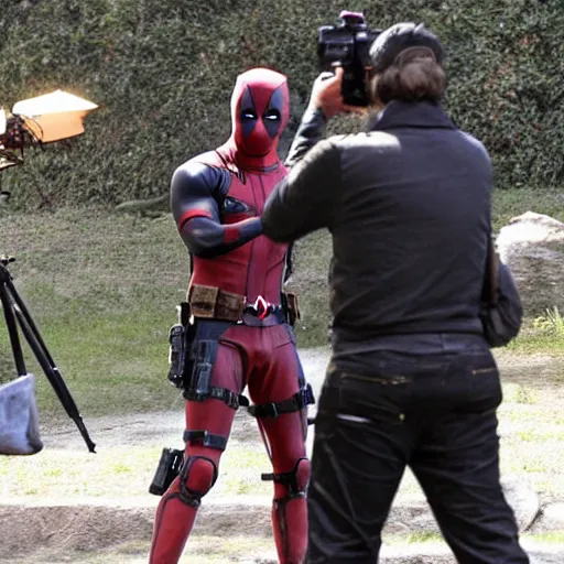 Prompt: candid photo of deadpool filming a camera man, 4 k