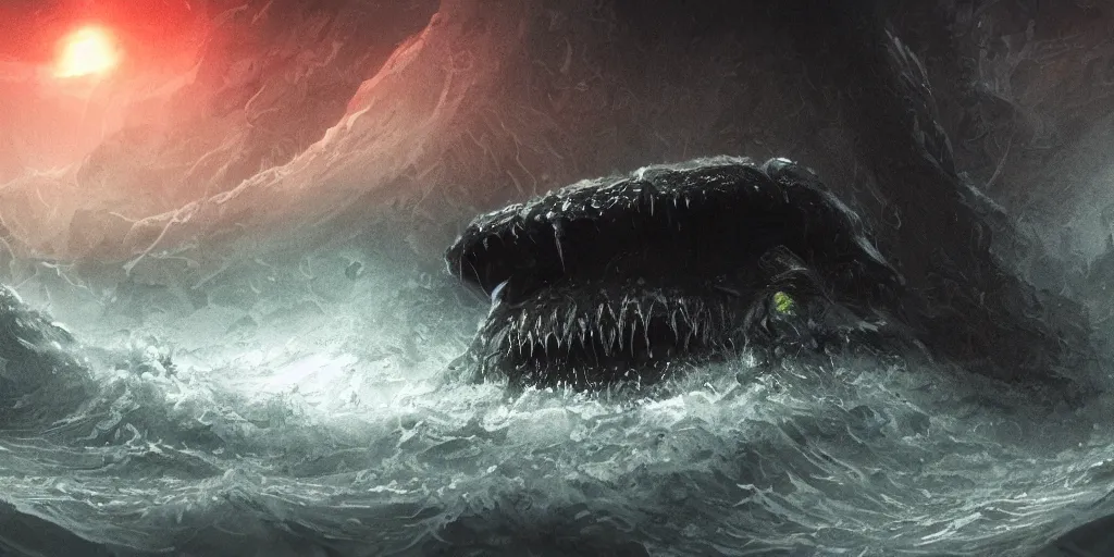 Prompt: of a dark and stormy ocean with large strange water creatures with big eyes!!, mouth and sharp teeth appearing from the water, in the style of Giger, macro lens, shallow depth of field, highly detailed, digital painting, trending artstation, concept art, illustration, cinematic lighting, vibrant colors, photorealism, epic, octane render