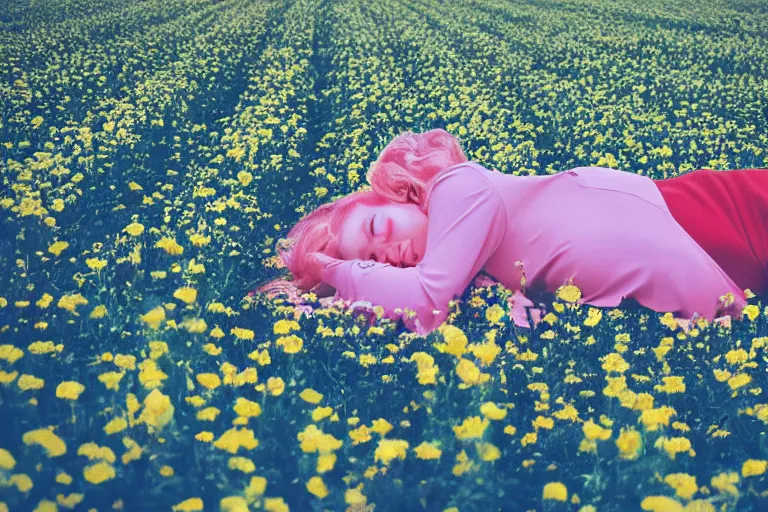 Prompt: close-up flower field with sleeping woman, retrofuturism