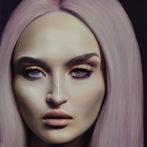 Prompt: a face portrait of kim petras, fantasy setting, stone face, dim colors, soft lighting, atmospheric, cinematic, moody, in the style of diego koi, gina heyer, luiz escanuela, art by alyssa monk, hyperrealism, rule of thirds, golden ratio, oil on canvas