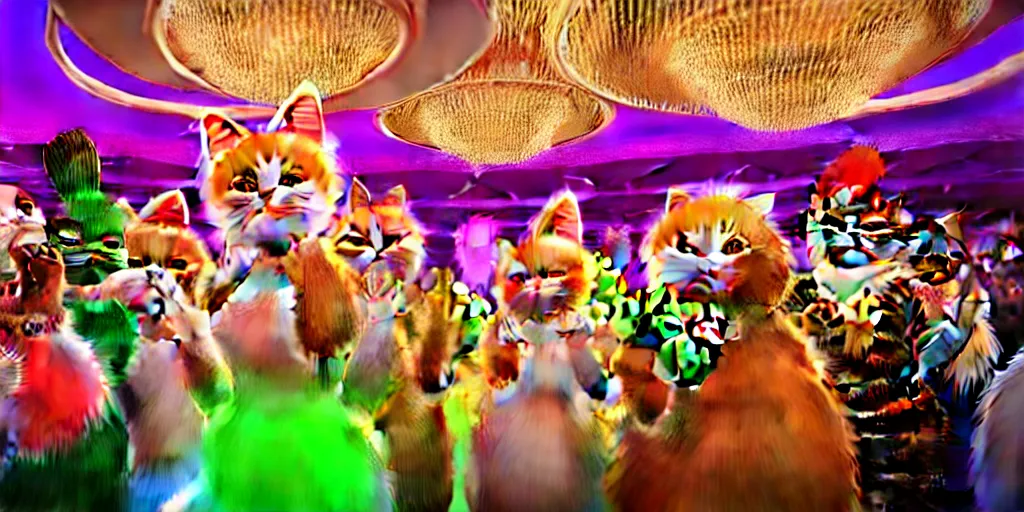Image similar to 8 k uhd cinema 4 d, octane render of multiple cats dressed as vegetables with vegetables as masks, vegetables dressed as cats with fluffy tails, line dancing at a party, in the ballroom of a luxury cruise liner, beautiful chandeliers from the ceiling, ultra realistic, group photography, 1 0 5 mm lens, multi coloured volumetric lighting