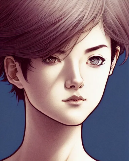 Image similar to ' bored woman with short hair ', closeup shot of face, beautiful shadowing, soft shadowing, reflective surfaces, illustrated completely, 8 k beautifully detailed pencil illustration, extremely hyper - detailed pencil illustration, intricate, epic composition, masterpiece, bold complimentary colors. stunning masterfully illustrated by artgerm, range murata, alphonse mucha, katsuhiro otomo.