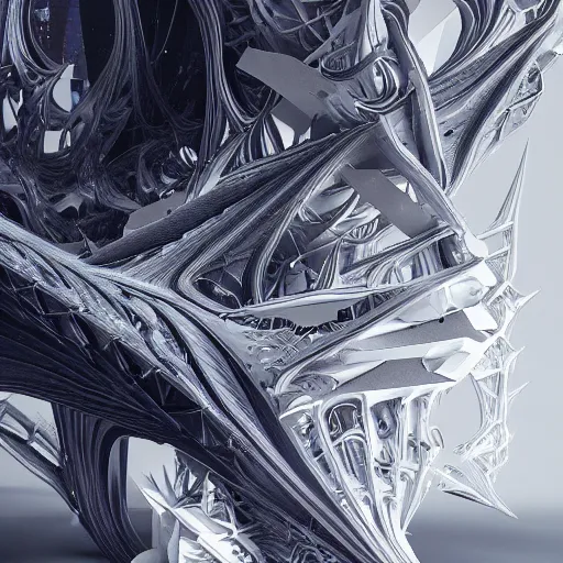 Prompt: cyberpunk 3 d render by zaha hadid, iris van herpen and rick owens. highly detailed, hyper - real, very beautiful, intricate fractal details, very complex, opulent, epic, mysterious, polished, futuristic design, trending on deviantart and artstation