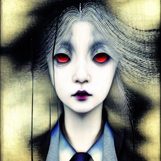 Image similar to yoshitaka amano blurred and dreamy realistic three quarter angle portrait of a woman with long white hair, black eyes and black lipstick wearing dress suit with tie, junji ito abstract patterns in the background, satoshi kon anime, noisy film grain effect, highly detailed, renaissance oil painting, weird portrait angle, blurred lost edges