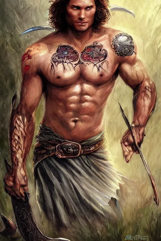 Image similar to front portrait of attractive sam winchester as a druid warrior, clothes torn apart, muscular chest tattooed with runes and symbols, d & d!, fantasy style, sharp focus!, ultra detailed, art by artgerm and peter andrew jones, wlop