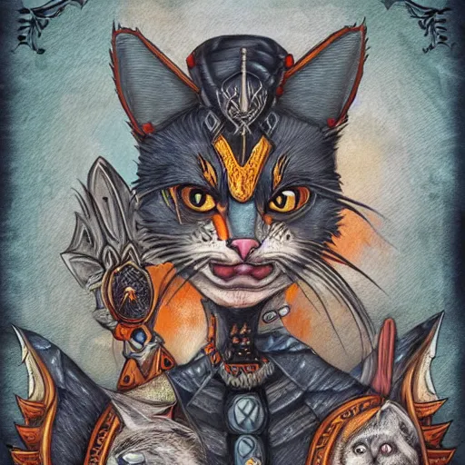 Prompt: cat warrior, illustration, artwork by kyle ferrin