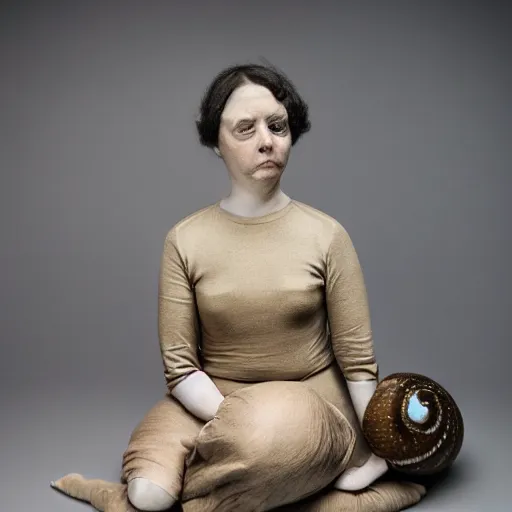 Image similar to modern full body color studio photograph of real snail woman, woman made out of snail