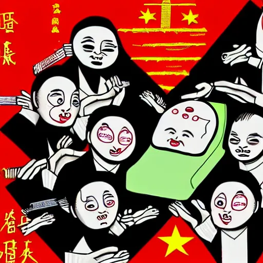 Prompt: chinese surgeons cutting up a body on an operating table, in the style of daniel johnston and outsider art, 8k, line brush, overlaid with traditional chinese adverts