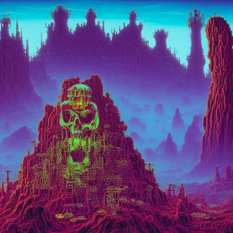 Image similar to mysterious skull castles in infinite circuit board valley, synthwave, fractal waves, bright neon colors, highly detailed, cinematic, tim white, roger dean, michael whelan, caza, bob eggleton, philippe druillet, vladimir kush, kubrick, alfred kelsner, vallejo