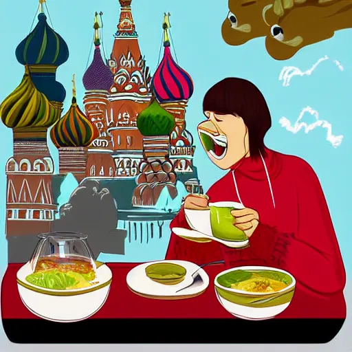 Prompt: Funny Dragon eating russian borsch soup on the Red Square, digital art
