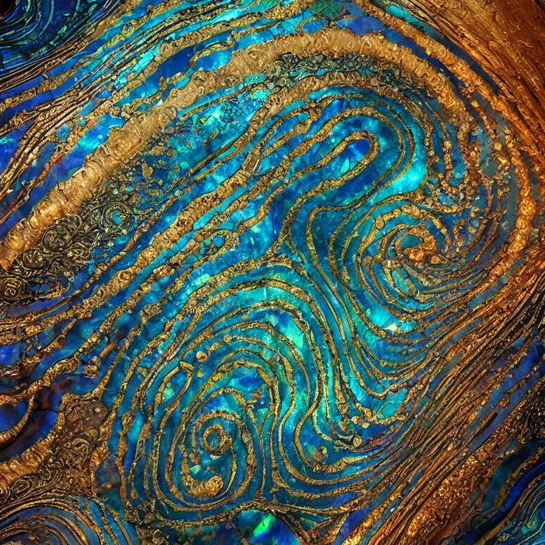 Image similar to Art Nouveau cresting oil slick waves, hyperdetailed bubbles in a shiny iridescent oil slick wave, black opal, abalone, paua shell, ornate copper patina medieval ornament, rococo, oganic rippling spirals, octane render, 8k 3D