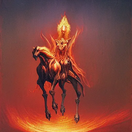 Image similar to epic wizard riding a robot horse through the gates of hell, shooting fire and flames out of his hands, beksinski style highly detailed art