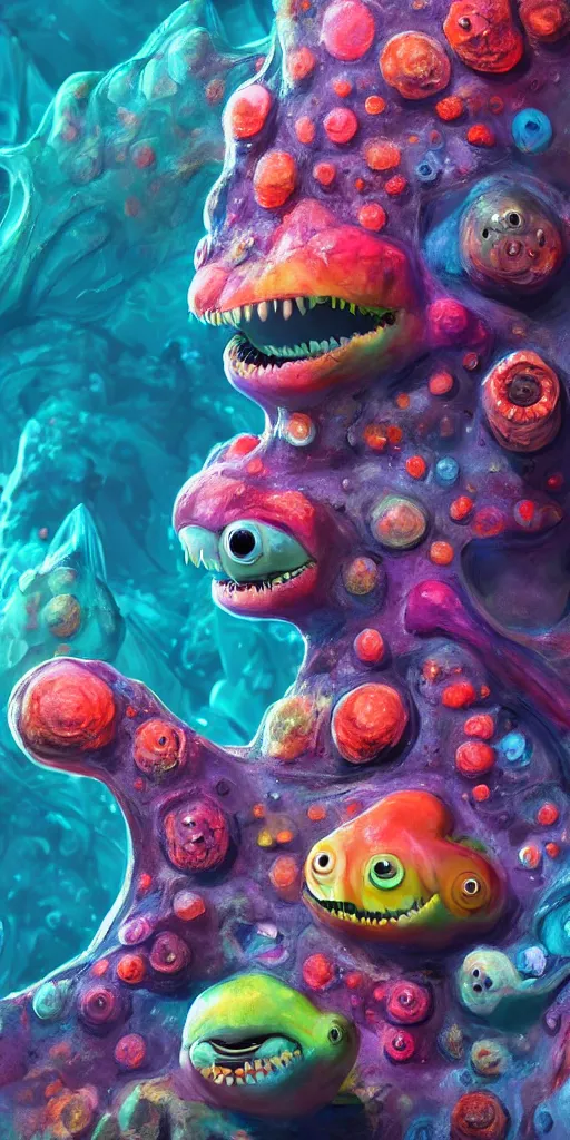 Image similar to of a colorful deep sea cave with strange cute friendly happy creatures with huge eyes, mouth, long tongue and round teeth appearing from sandy coral, in the style of gehry and gaudi, macro lens, shallow depth of field, ultra detailed, digital painting, trending artstation, concept art, illustration, cinematic lighting, photorealism, epic, octane render