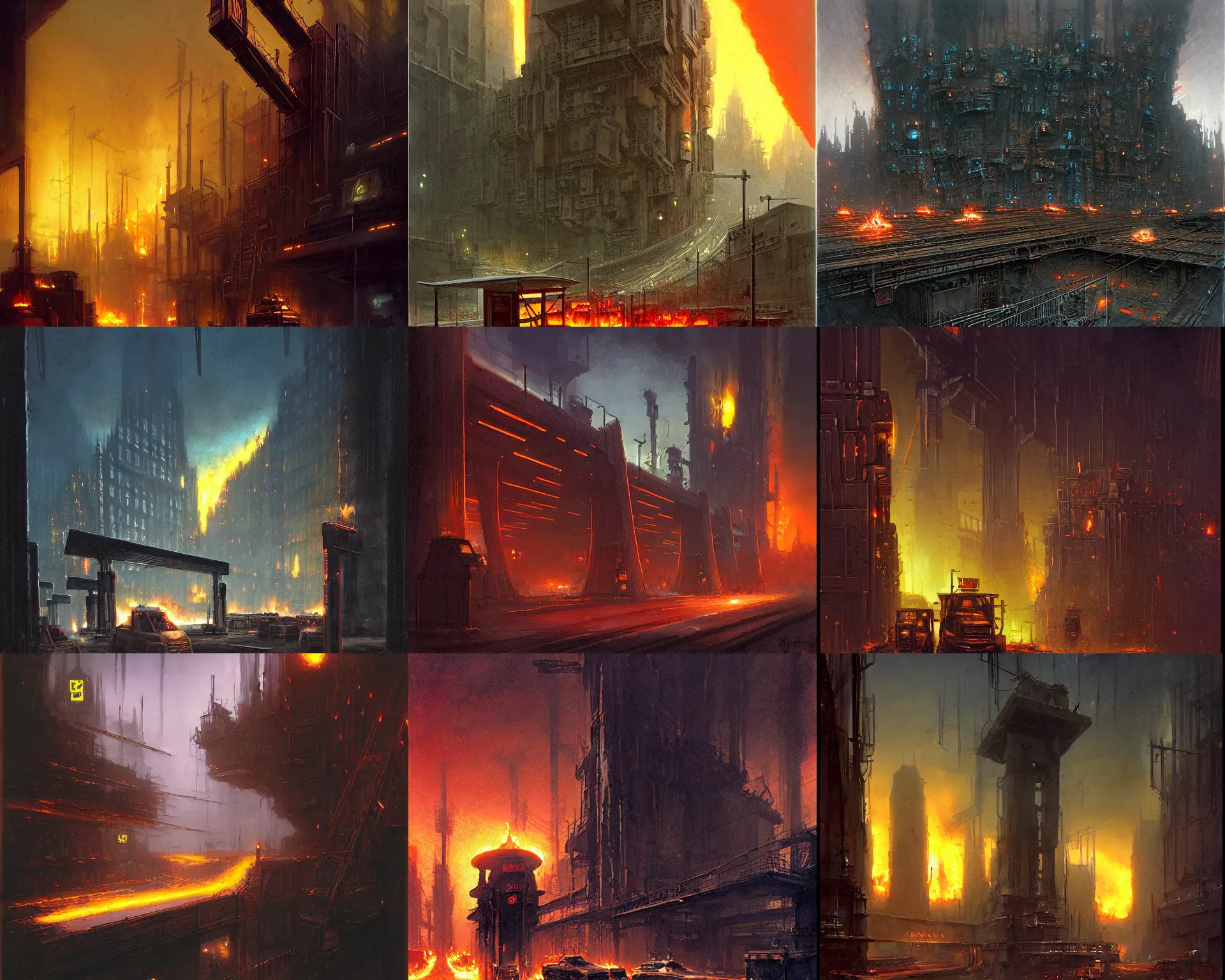 Prompt: this toll booth, like the rank of booths, was dark. girders wheeled by him, left and right. beyond, the burning city squatted on weak, inverted images of its fires. by marc simonetti, hugh ferriss, james paick, greg rutkowski, aaron horkey