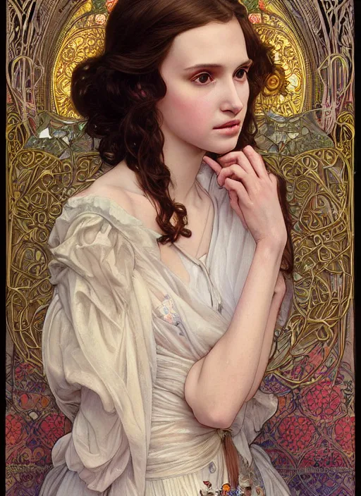 Prompt: realistic detailed painting of a 1 6 - year old girl who resembles millie bobby brown and natalie portman with a shy, blushing, coy expression wearing intricate, detailed, art nouveau bridal dress and jewelry by alphonse mucha, ayami kojima amano, charlie bowater, karol bak, greg hildebrandt