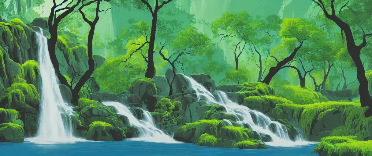 Prompt: eyvind earle disney background art of a beautiful waterfall in a forest