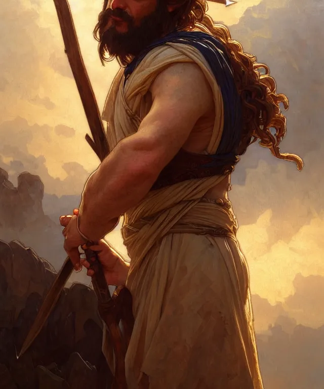 Image similar to portrait of biblical cain holding a spear, intricate, headshot, highly detailed, digital painting, artstation, concept art, sharp focus, cinematic lighting, illustration, art by artgerm and greg rutkowski, alphonse mucha, cgsociety