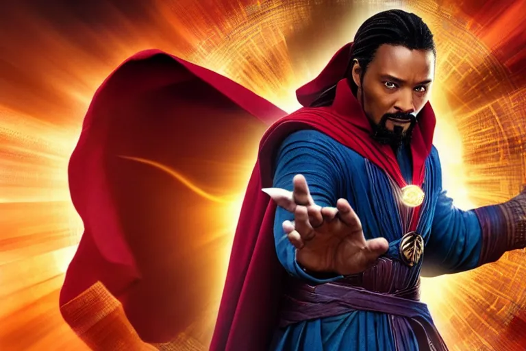 Image similar to film still of dark-skinned Jesus Christ as Doctor Strange in new Avengers film, 4k