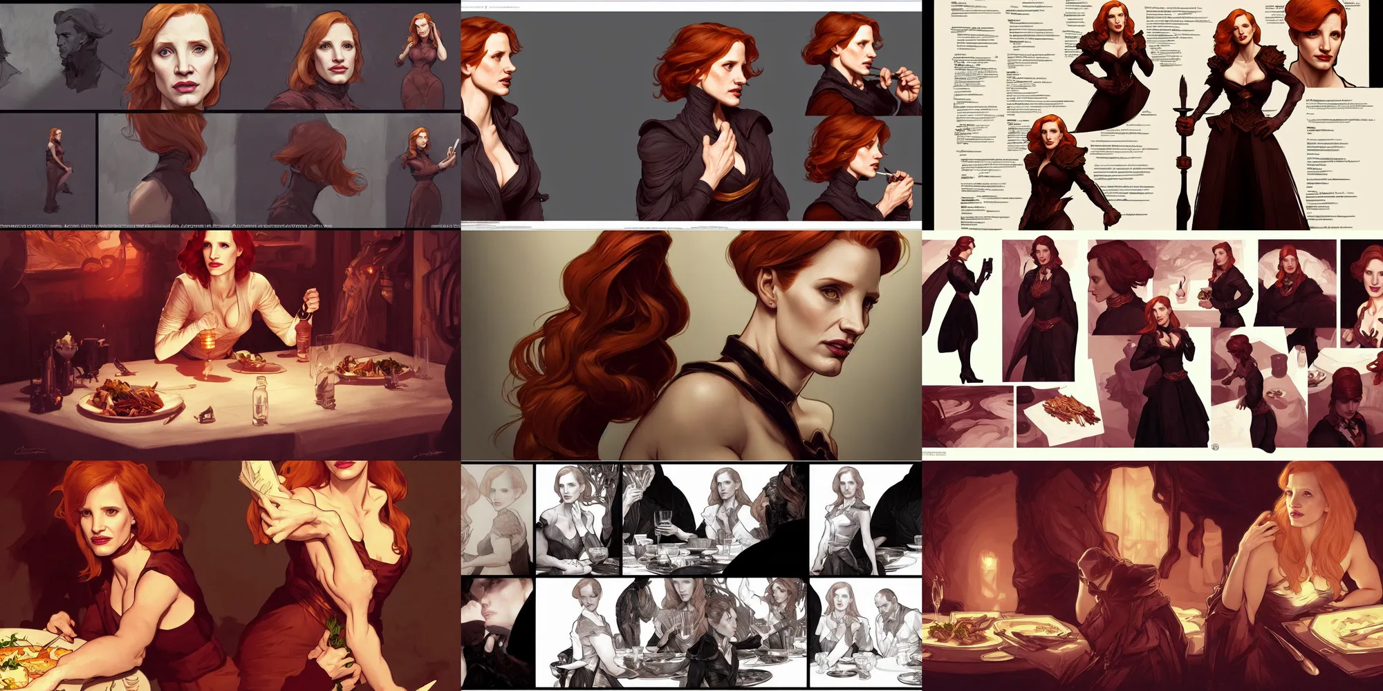 Prompt: jessica chastain eating dinner, character sheet, character design, contrast, deep focus, turnaround, highly detailed, dramatic lighting, digital painting, artstation, concept art, matte, sharp focus, illustration, elegant, art by artgerm and greg f and alphonse mucha.