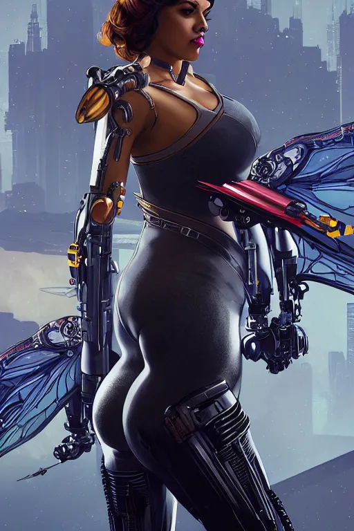 Image similar to gta 5 queen bee profile picture by greg rutkowski, cybernetic wings, dynamic pose, intricate, futuristic, fantasy, elegant, by stanley artgerm lau, greg rutkowski, thomas kindkade, alphonse mucha, loish, norman rockwell, fantasy lut, asymmetric, long hair, retro computer graphics, video game, fluid lines,