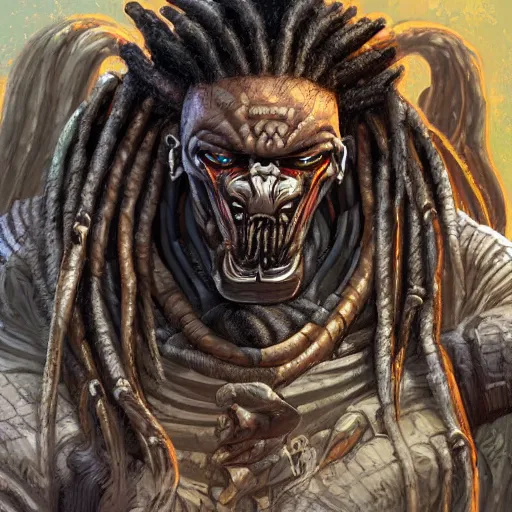 Image similar to digital paint of The Predator in an ancient Japanese town, trending on Artstation, hyperdetailed, dreadlocks