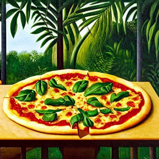 Image similar to A magaritha pizza on a marble table in a garden by Henri Rousseau